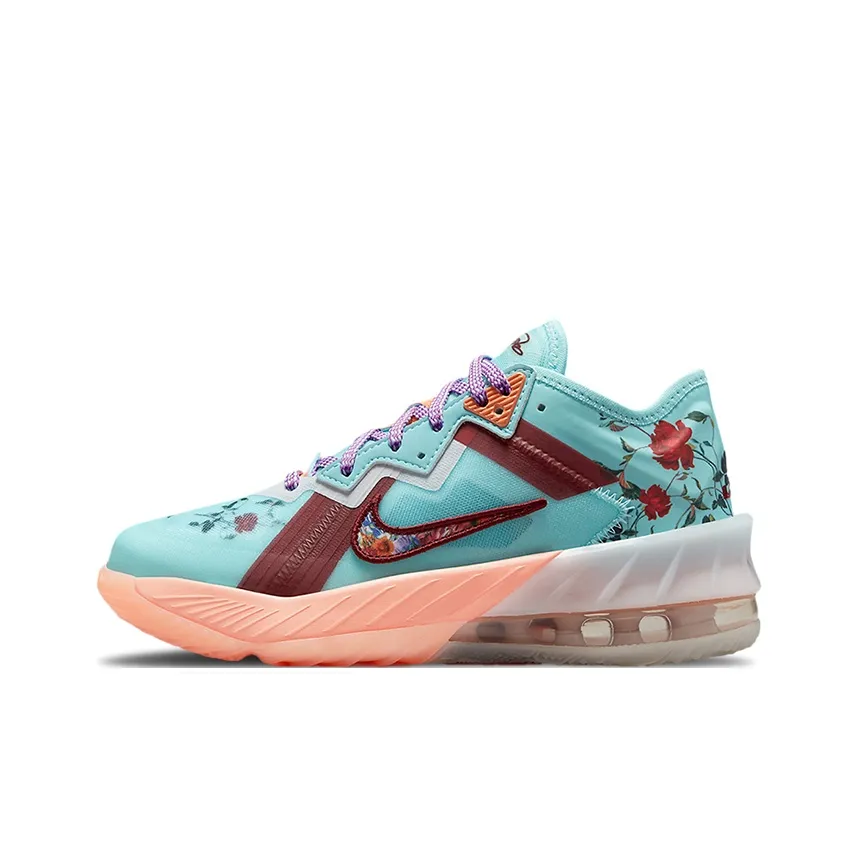 Nike Lebron 18 Low Floral Abrasion Resistant Shock Absorbers Low Top Children's Basketball Shoes Blue Red