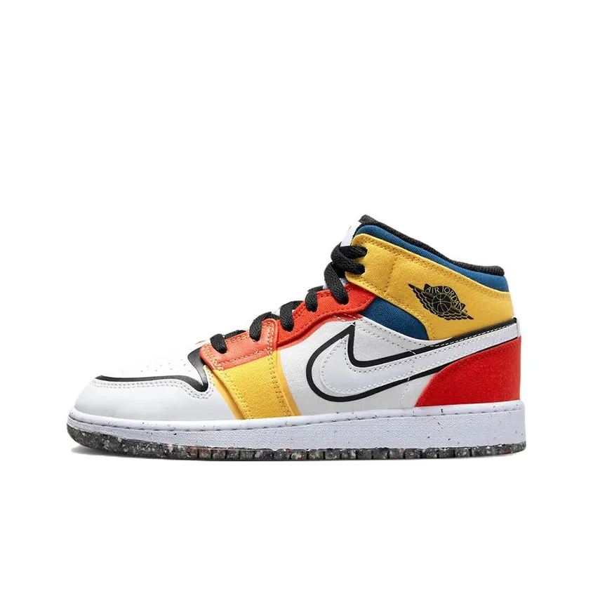 Jordan Air Jordan 1 MID Устойчивый к истиранию MID Топ Детские Баскетбольные кроссовки Белый Красный Желтый