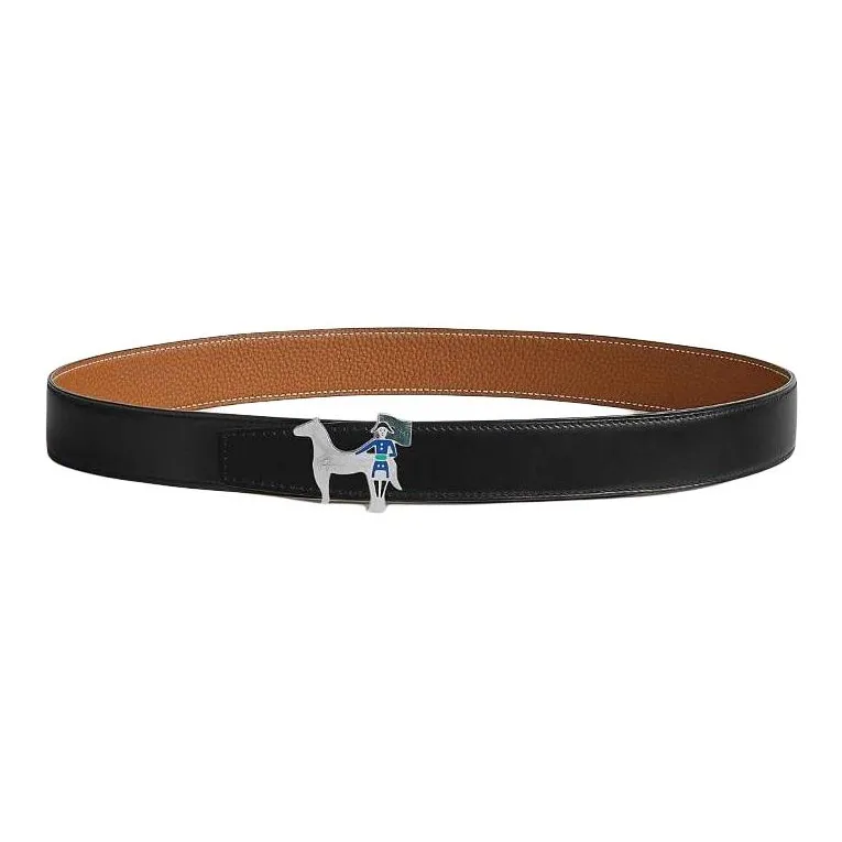 HERMES Calfskin Leather Belts Men's Black Width  3.2cm
