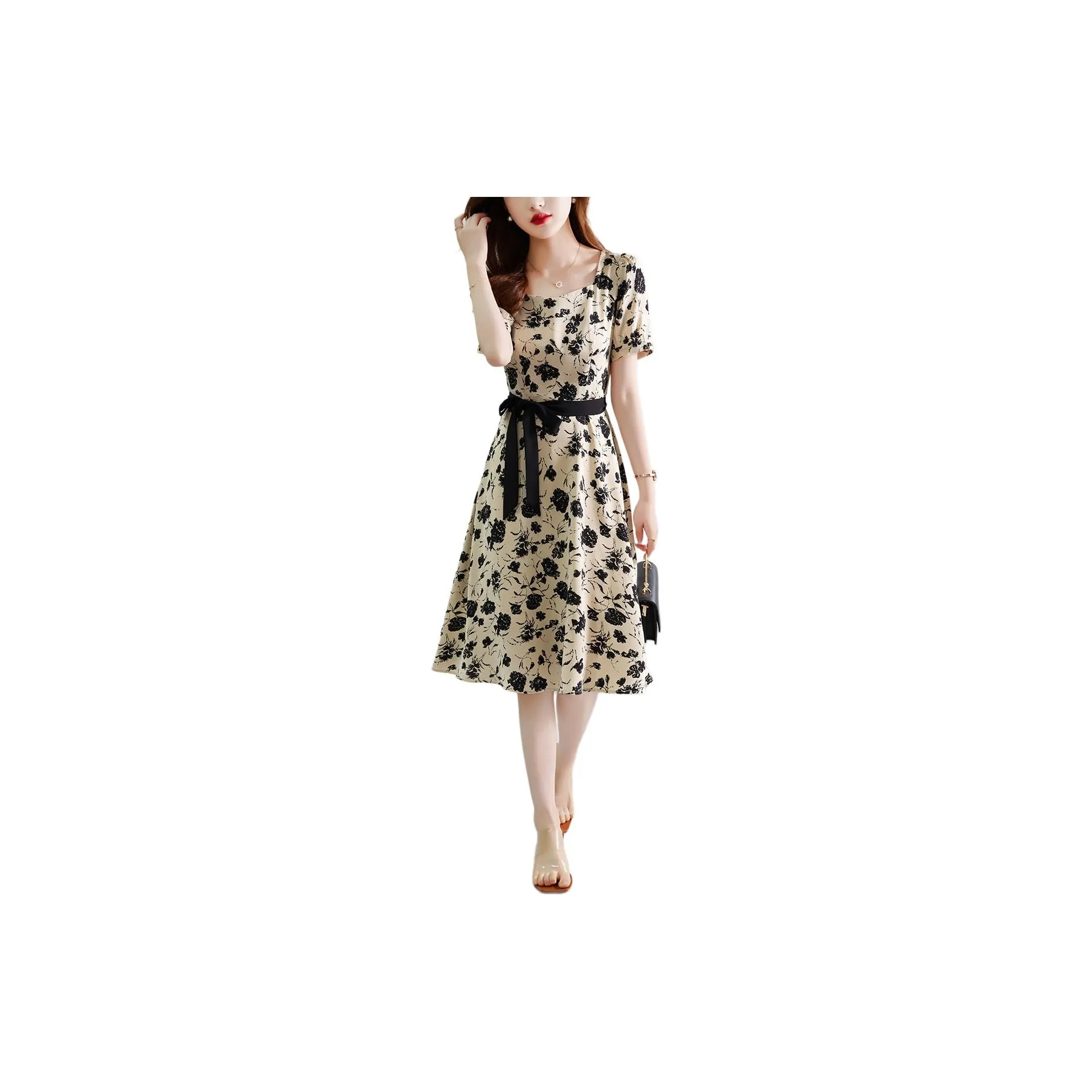 XWI SS24 Short Sleeved Dress Women's Beige With Black Floral