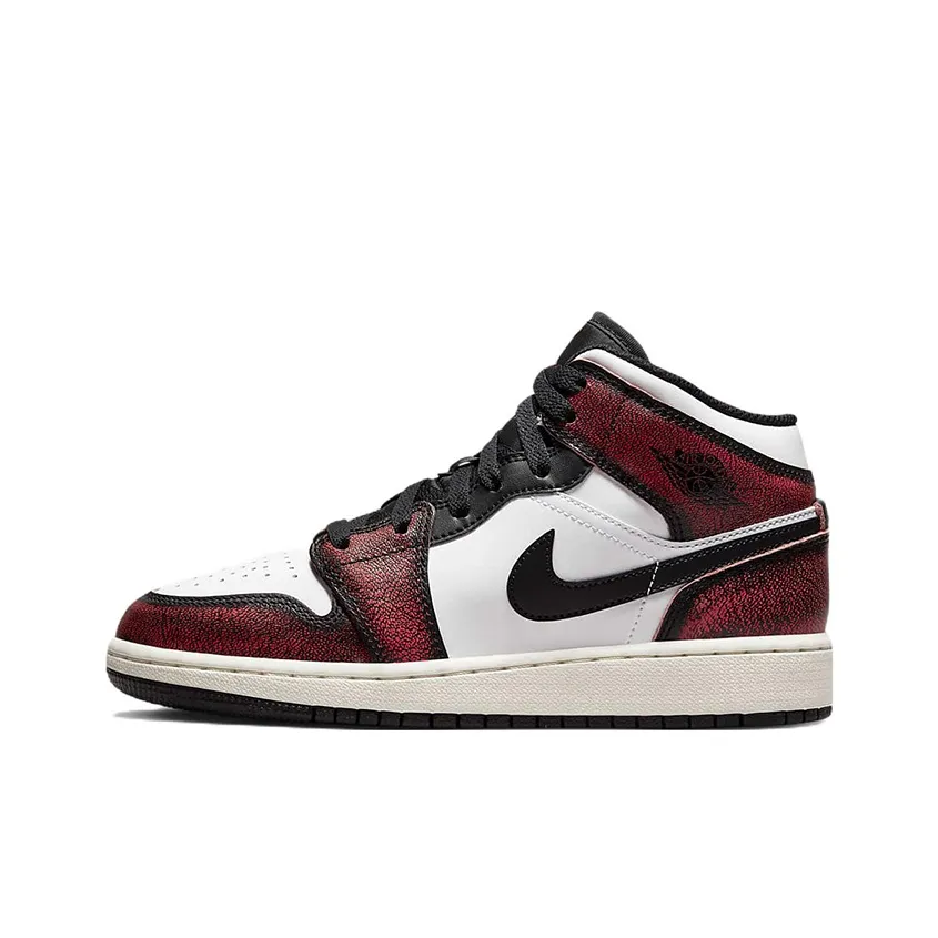 Jordan Air Jordan 1 MID Wear Гостевой Износостойкий MID Топ Детские Баскетбольные Кроссовки Белый Красный Черный