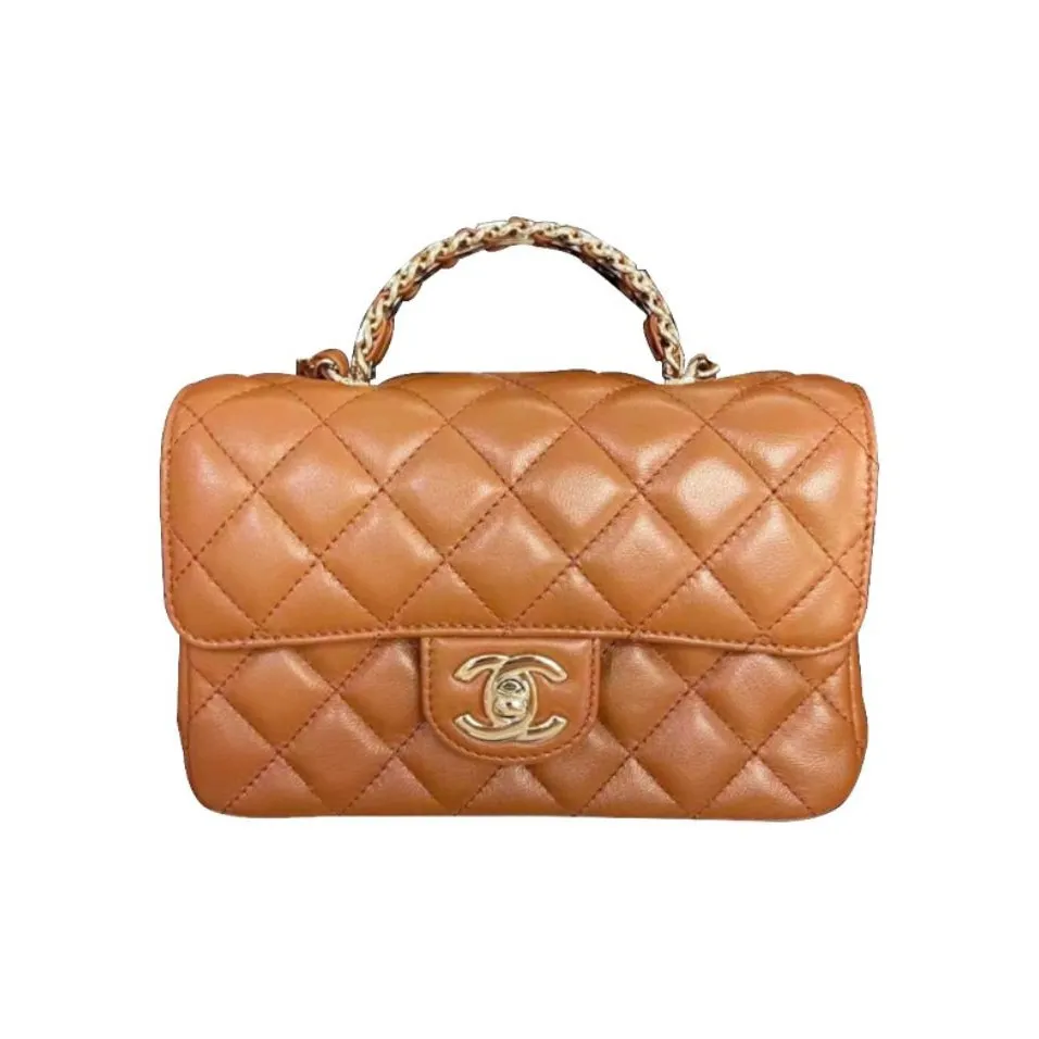 CHANEL Lambskin Chain Bag, Shoulder Bag, Crossbody Bag Mini Women's Light Orange Brown