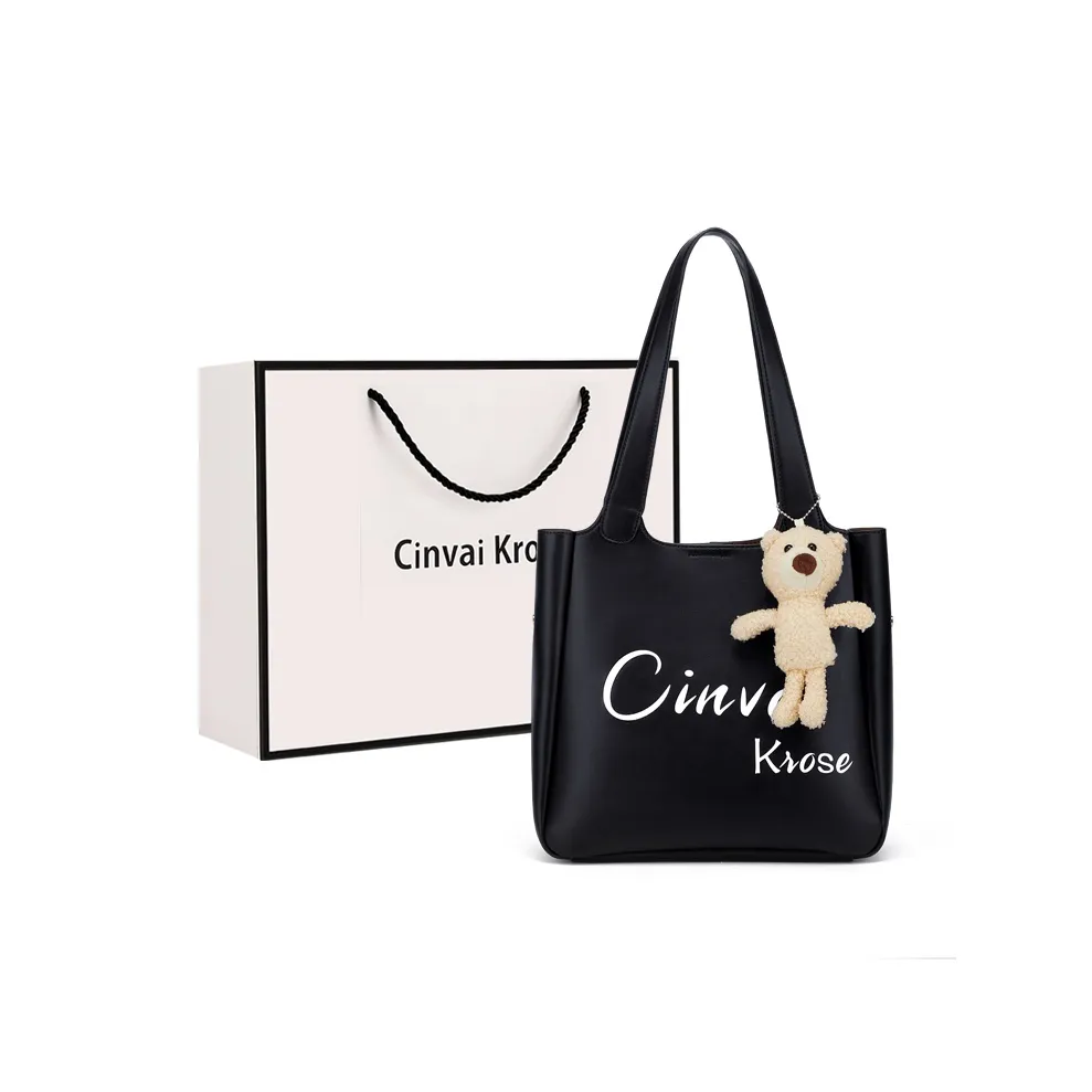 CinvaiKrose Cow Leather Tote Bag, Shopping Bag, Shoulder Bag Tubas Women's Classic Chic Black