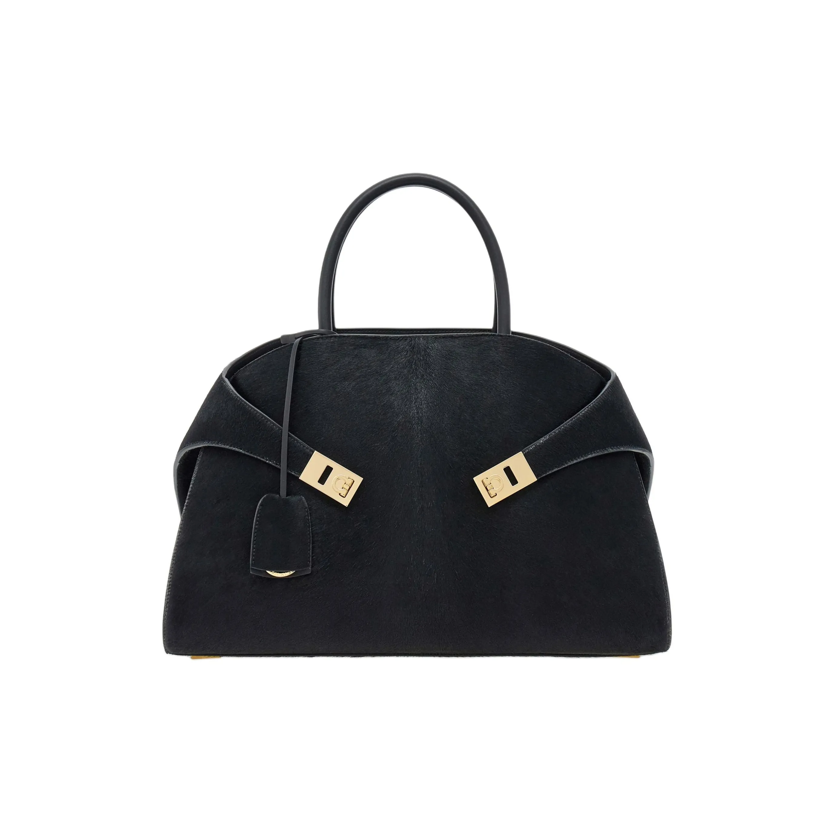 FERRAGAMO GANCINI Hammered Calfskin With Pony Leather Handbag Medium Women's Black