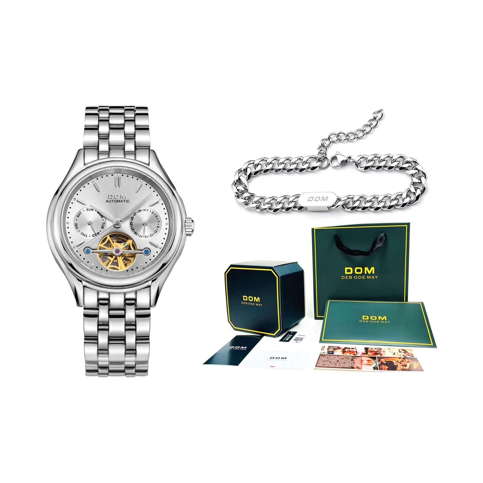 DOM Механический механизм ремешок из нержавеющей стали мужские часы белый циферблат