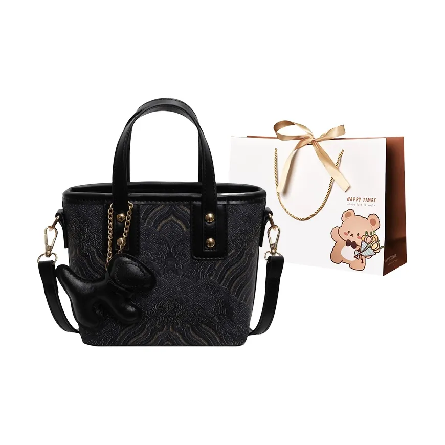 ERANGBEAR PU Handheld Fashion Embroidery Bucket Bag, Casual Versatile Crossbody Handbag Women's Black/Ecru/Brown/Coffee