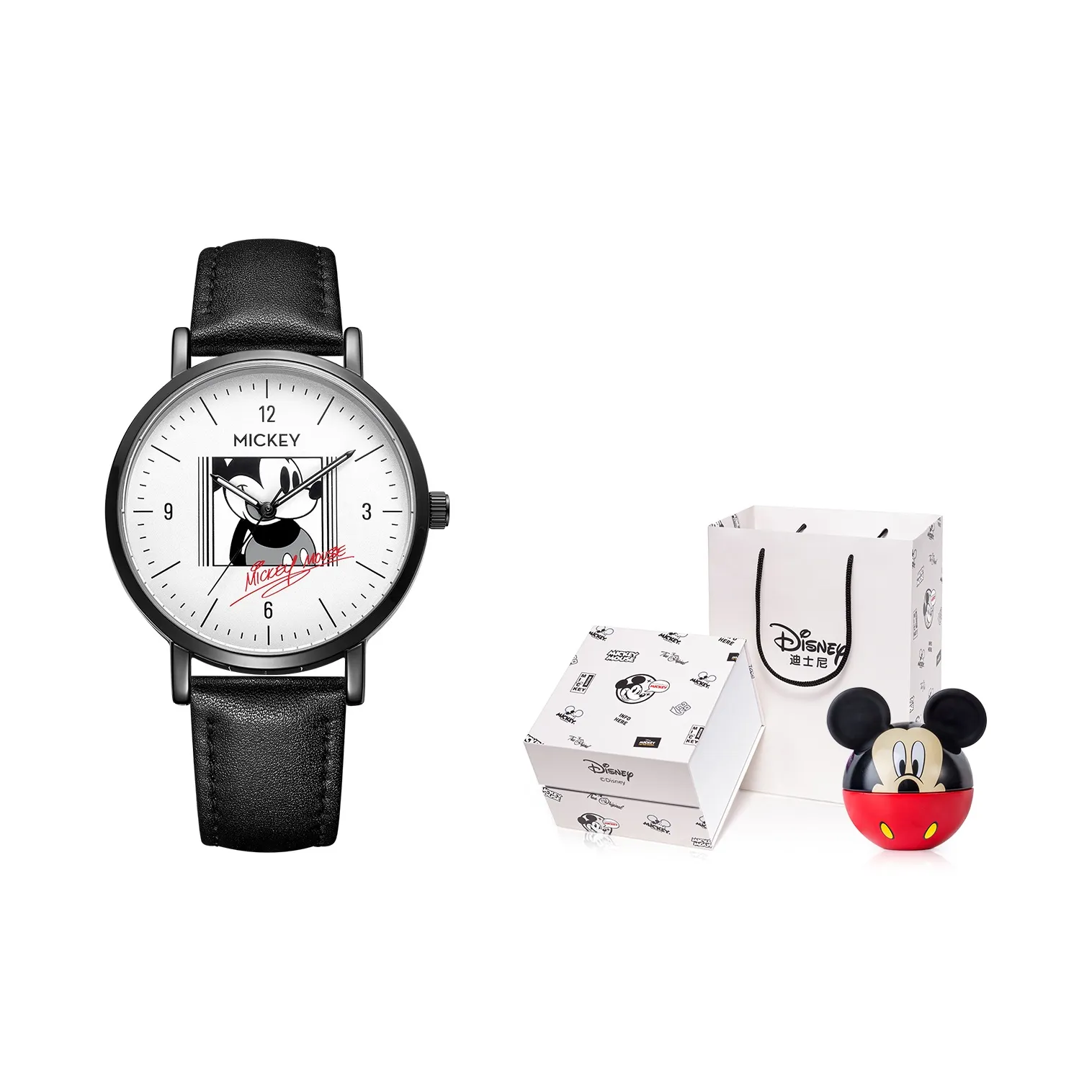 Disney Mickey Series Кварцевый механизм Кожаный ремешок Часы Унисекс Белый циферблат