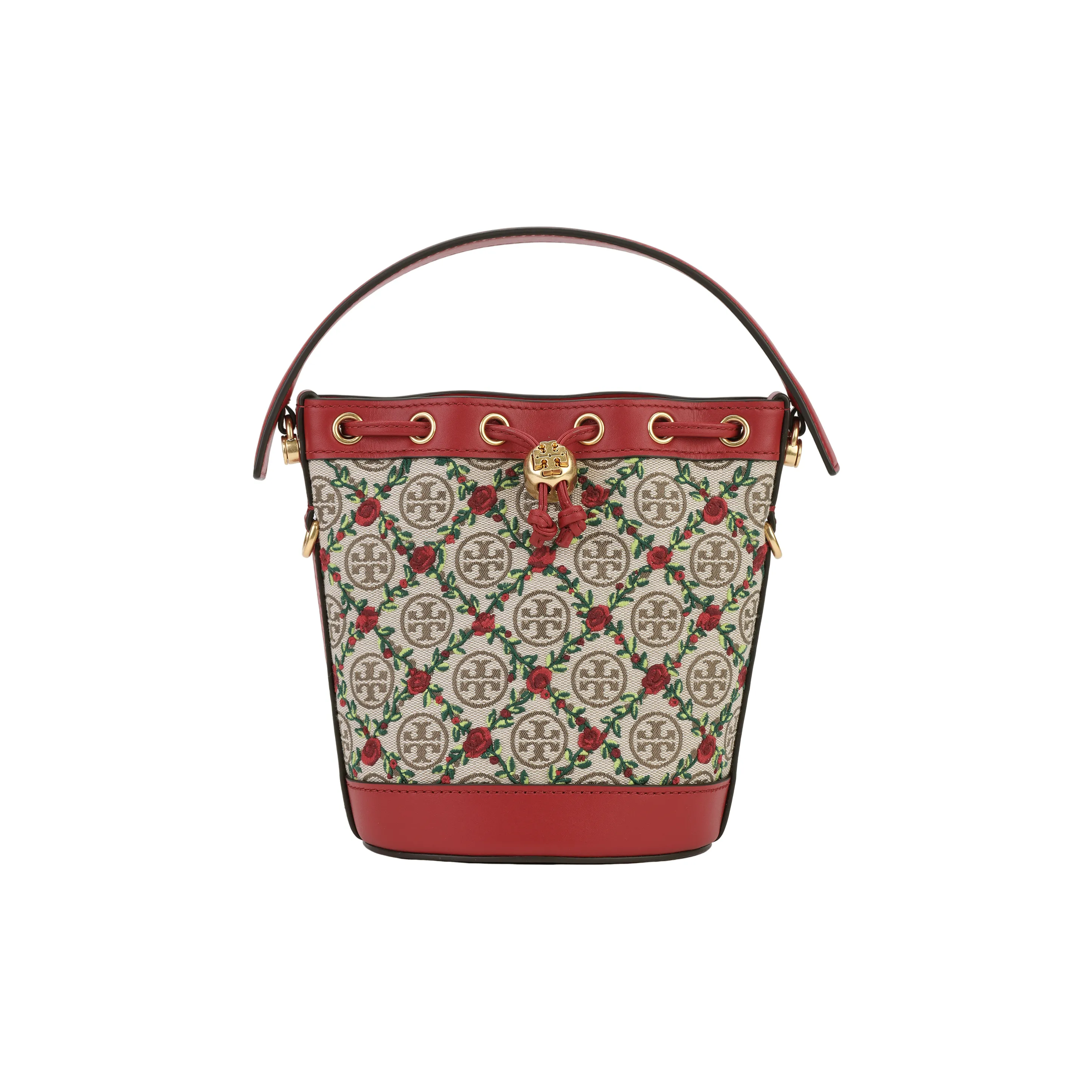 TORY BURCH T Monogram Embroidery Canvas Bucket Bag, Crossbody Handbag Mini Women's Hazelnut Brown/Red