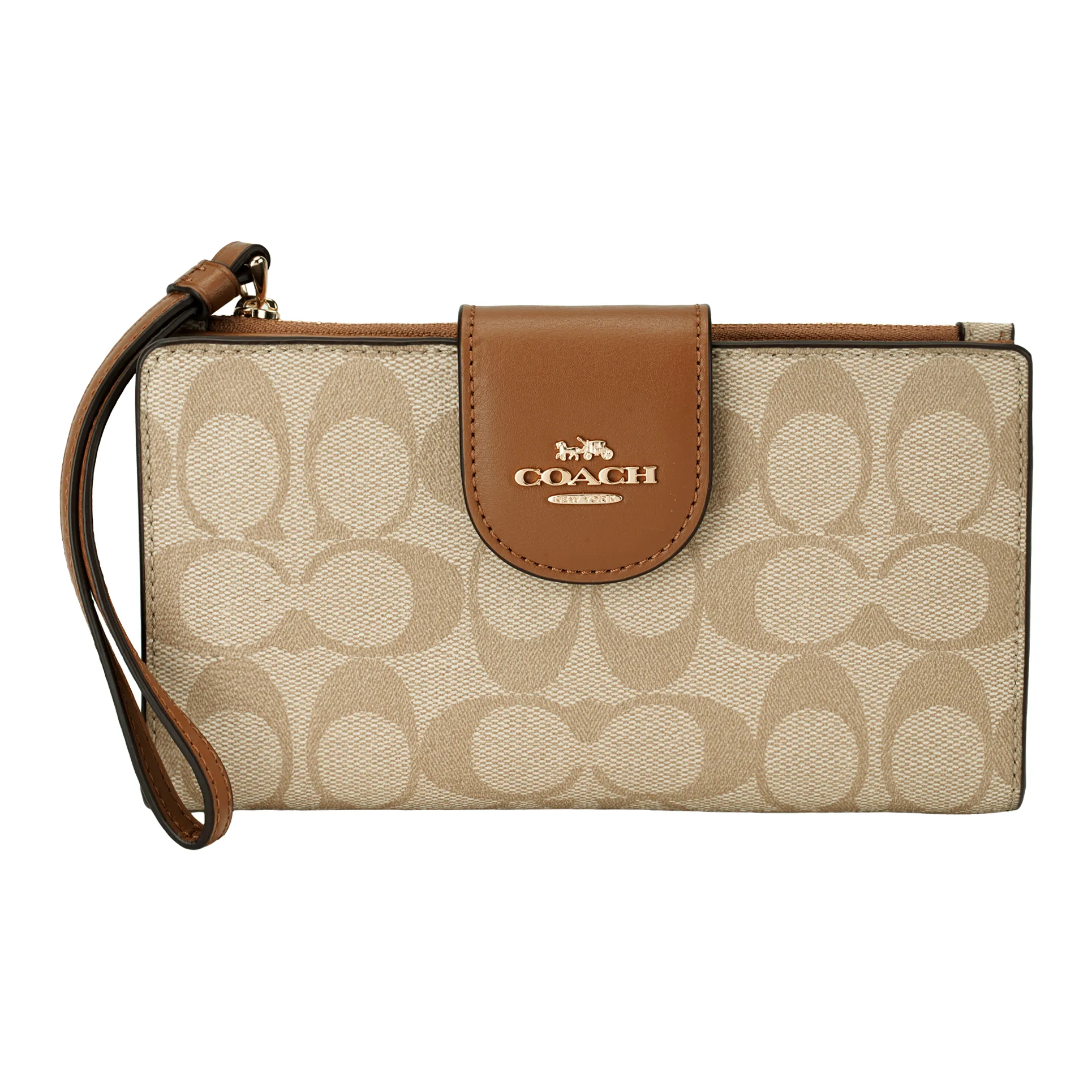 COACH Tech Wallet Холст с покрытием и гладкая кожа Клатч Держатель для карт кошелек Маленький Женский Хаки Седло