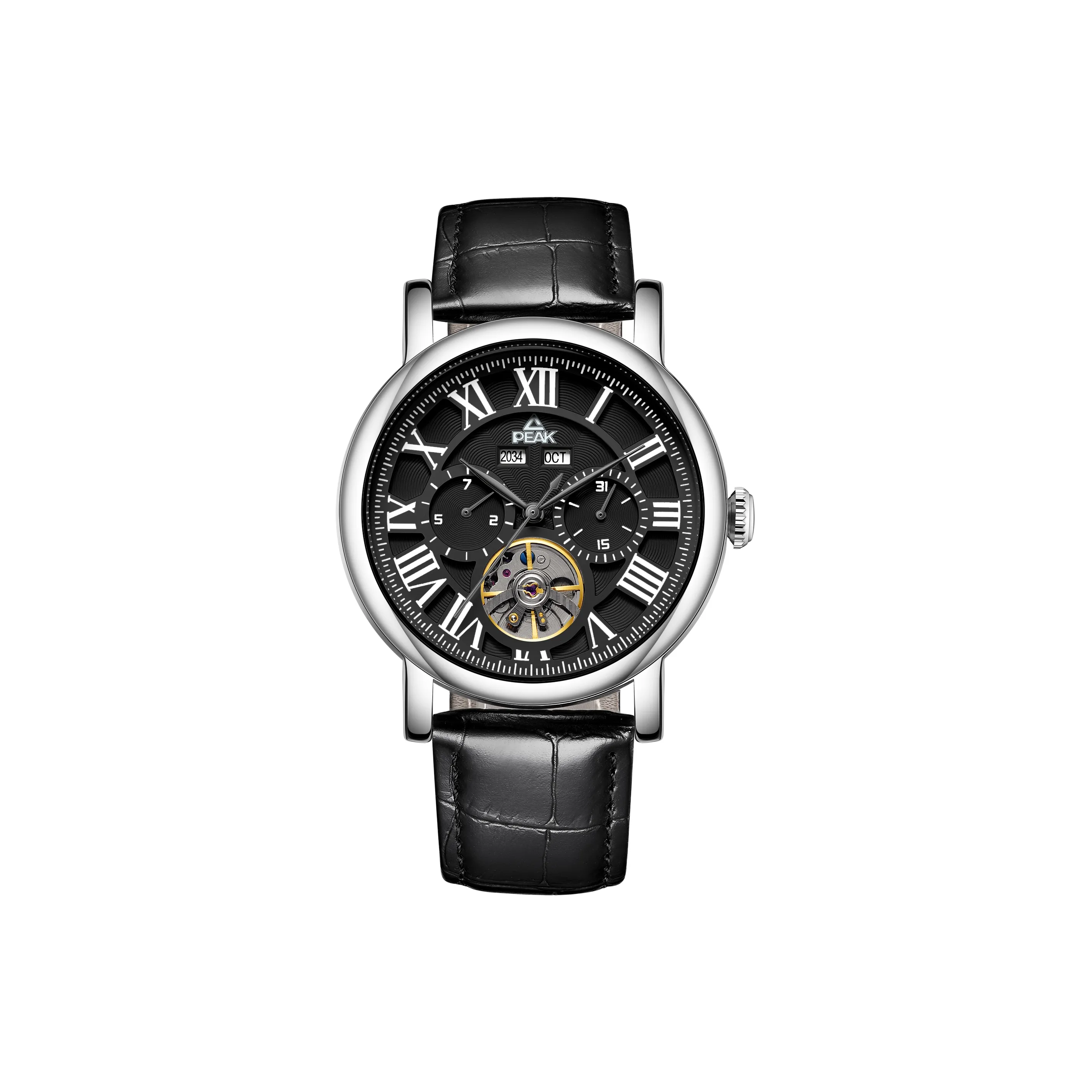 PEAK Mechanic Collection Автоматический Механический Механизм Естественная Кожа Ремешок Часы Мужские Черный Циферблат
