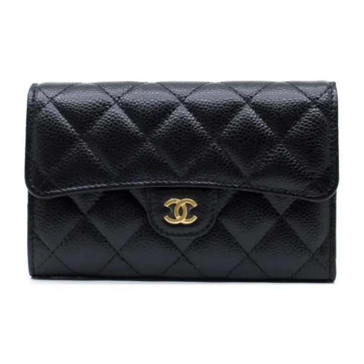 CHANEL Grain Embossed Litchi Grain Cow Leather Wallet Women's Black