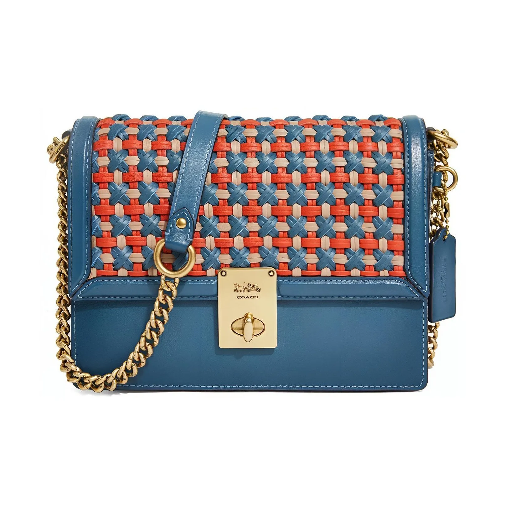 COACH Woven Leather Small Square Bag, Chain Bag, Shoulder Bag, Crossbody Bag Small Women's Blue