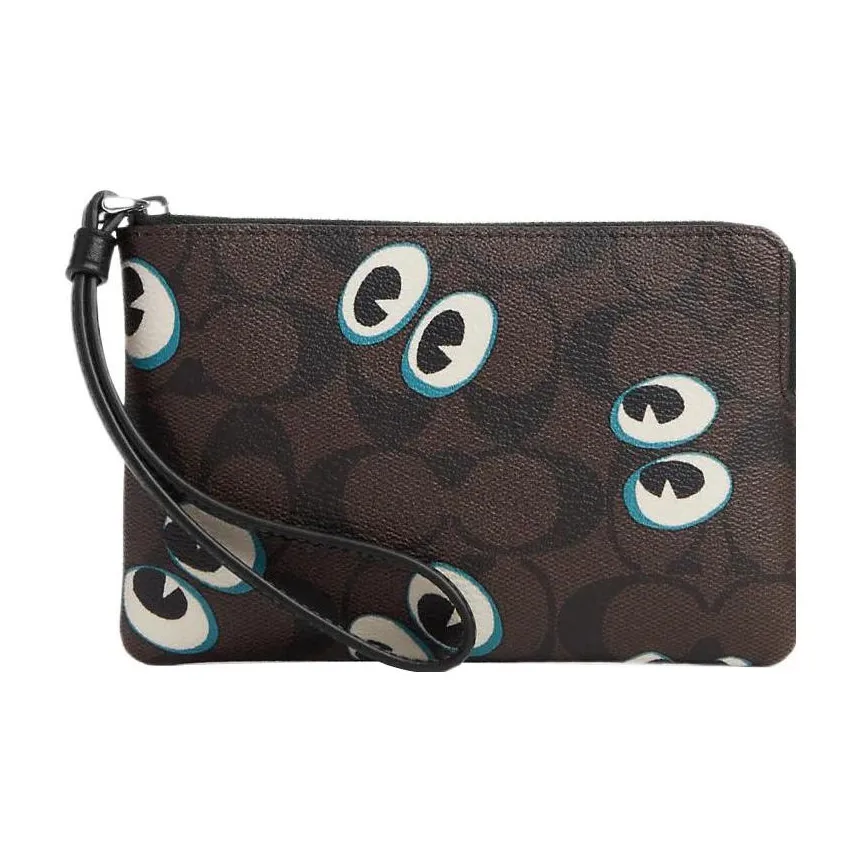 COACH Corner Zip Холст и Кожа Клатч Маленький Женский Коричневый Черный