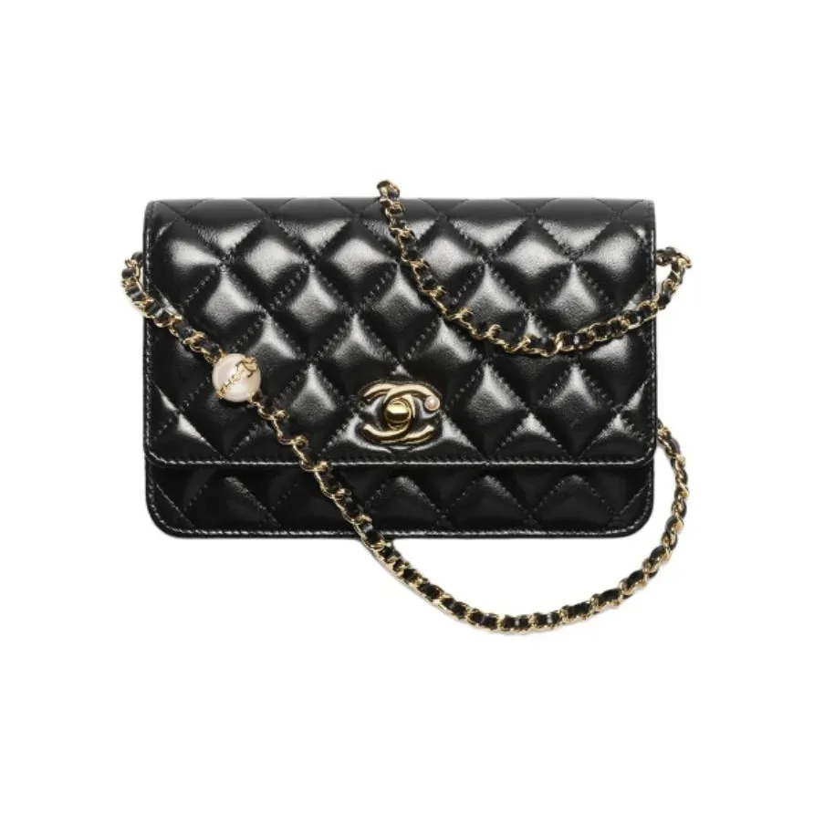 CHANEL Lambskin With Artificial Pearl Shoulder Bag, Crossbody Bag, Wallet Women's Black
