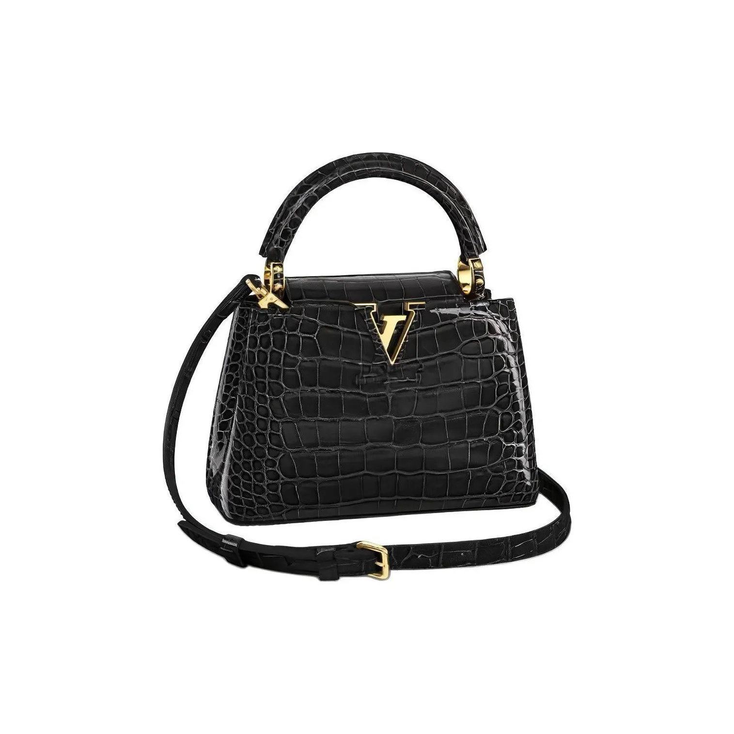 LOUIS VUITTON Capucines Nile Crocodile Leather Kapusin Crossbody Tote Bag Over One Shoulder Mini Women's Black