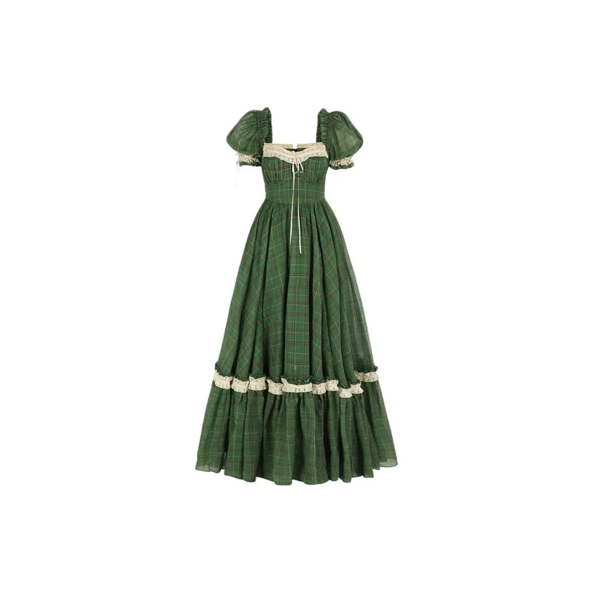 Selkie Collection FW24 Evening Dress Women's Green Base Moss Plaid Print