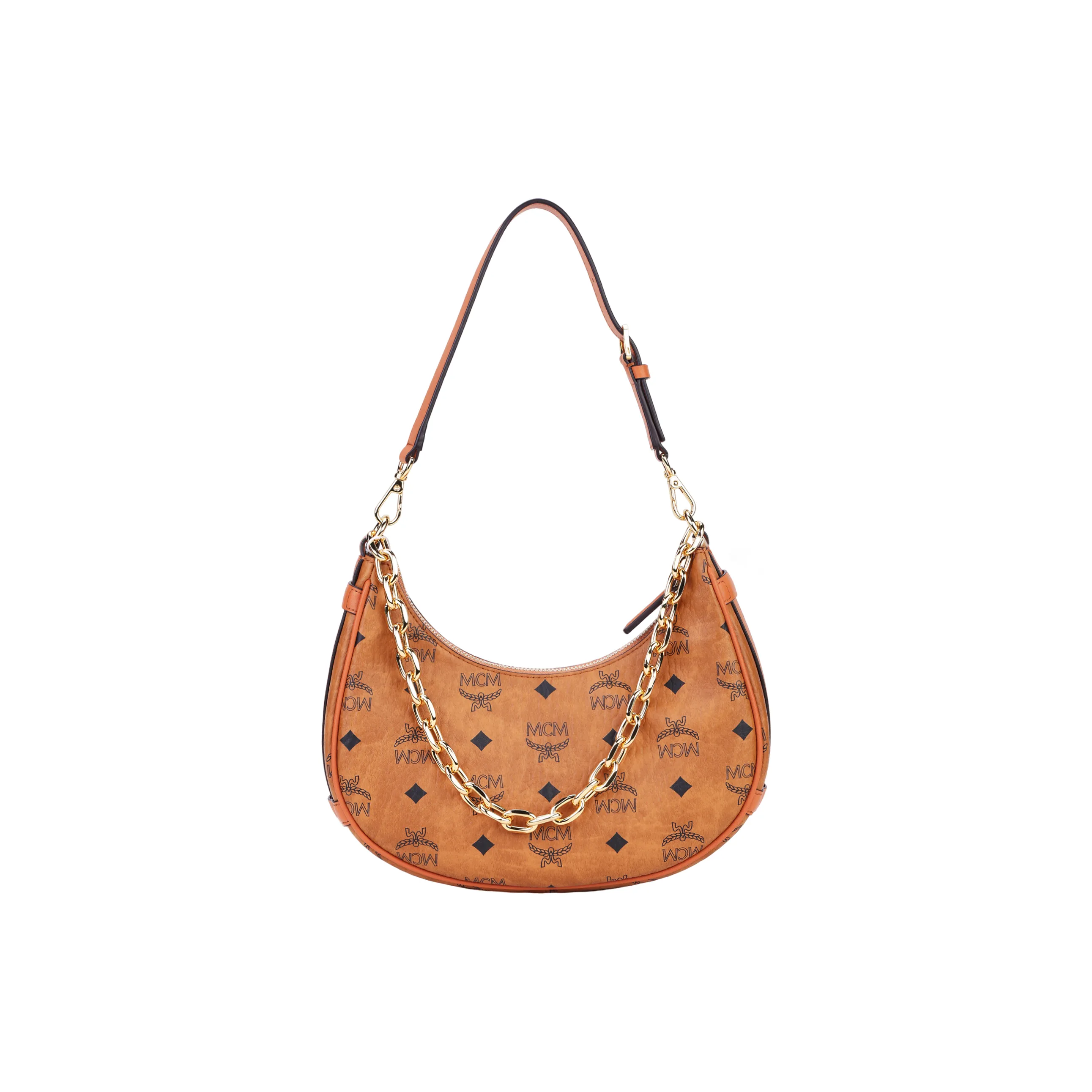 MCM Aren Coated Canvas Crescent Bag, Shoulder Bag, Handbag Trumpets Women's Brown Cognac