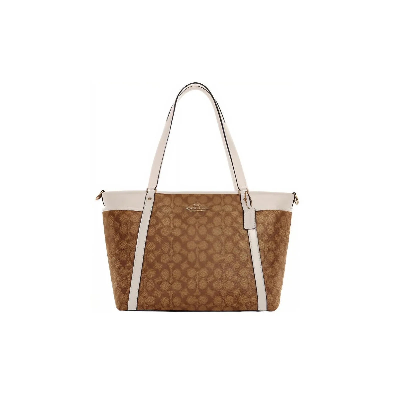 COACH Детский холст с кожей Тоут Сумка Сумка для покупок Портативная сумка через плечо Сумка через плечо Большая Женская Хаки и Белая