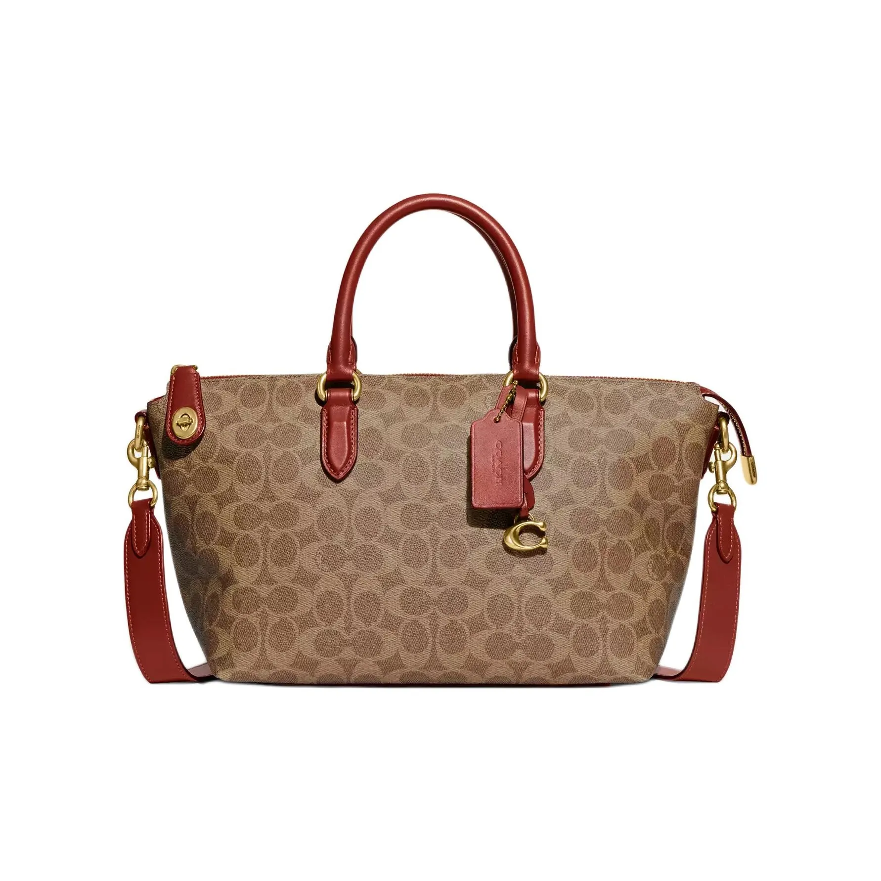 COACH Canvas With Calfskin Tote Bag, Shopping Bag, Portable Crossbody Bag, Shoulder Bag Large Size Women's Khaki