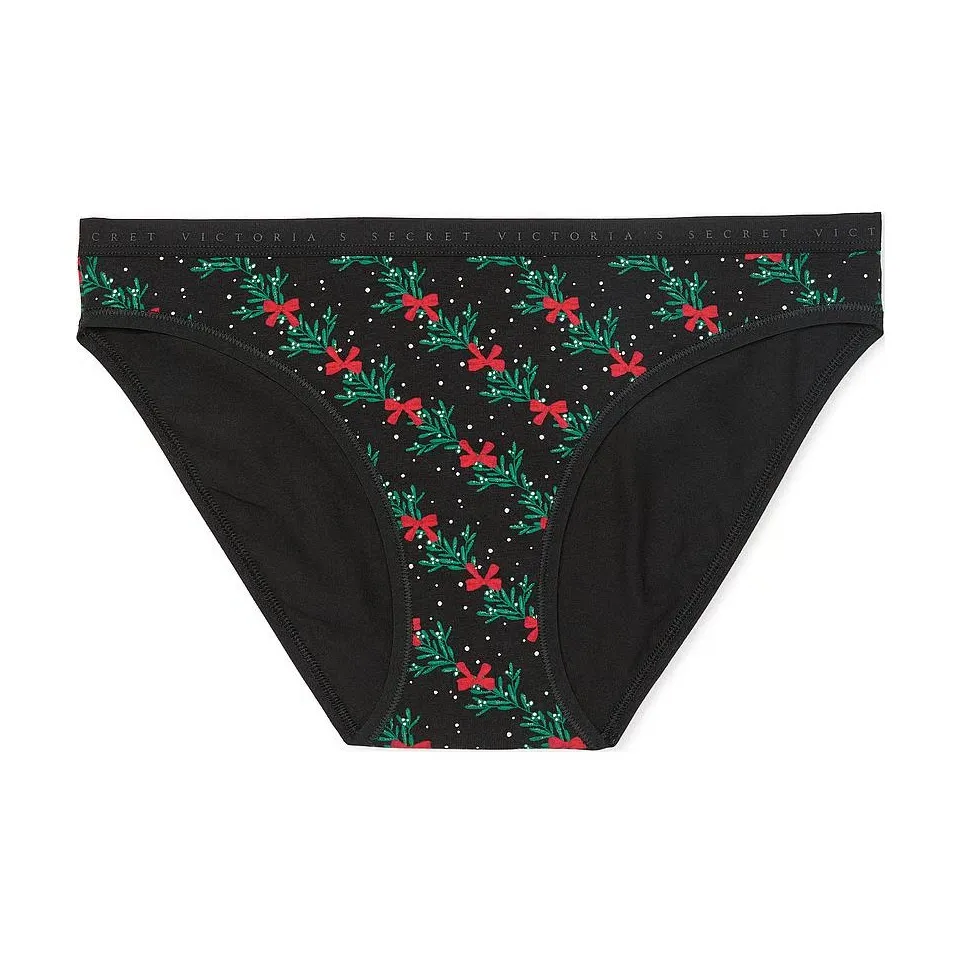 Victoria's Secret Эластичный хлопок Бикини Panty Черный Mistletoe Нижнее белье Женские 1 упаковка Черный