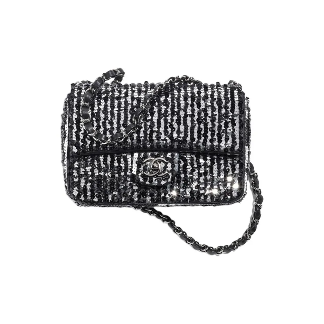 CHANEL Sequins Flap Bag, Crossbody Bag, Shoulder Bag Women's Black & Silver