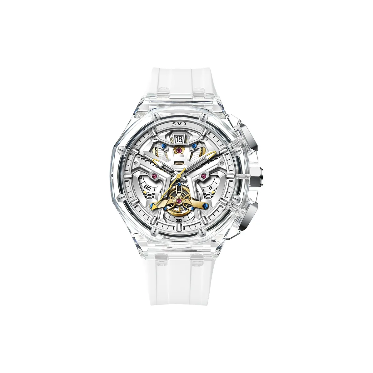 SVJ Черный циферблат Мужские часы Кварцевый механизм Резиновый ремешок Часы Мужские часы Черный циферблат