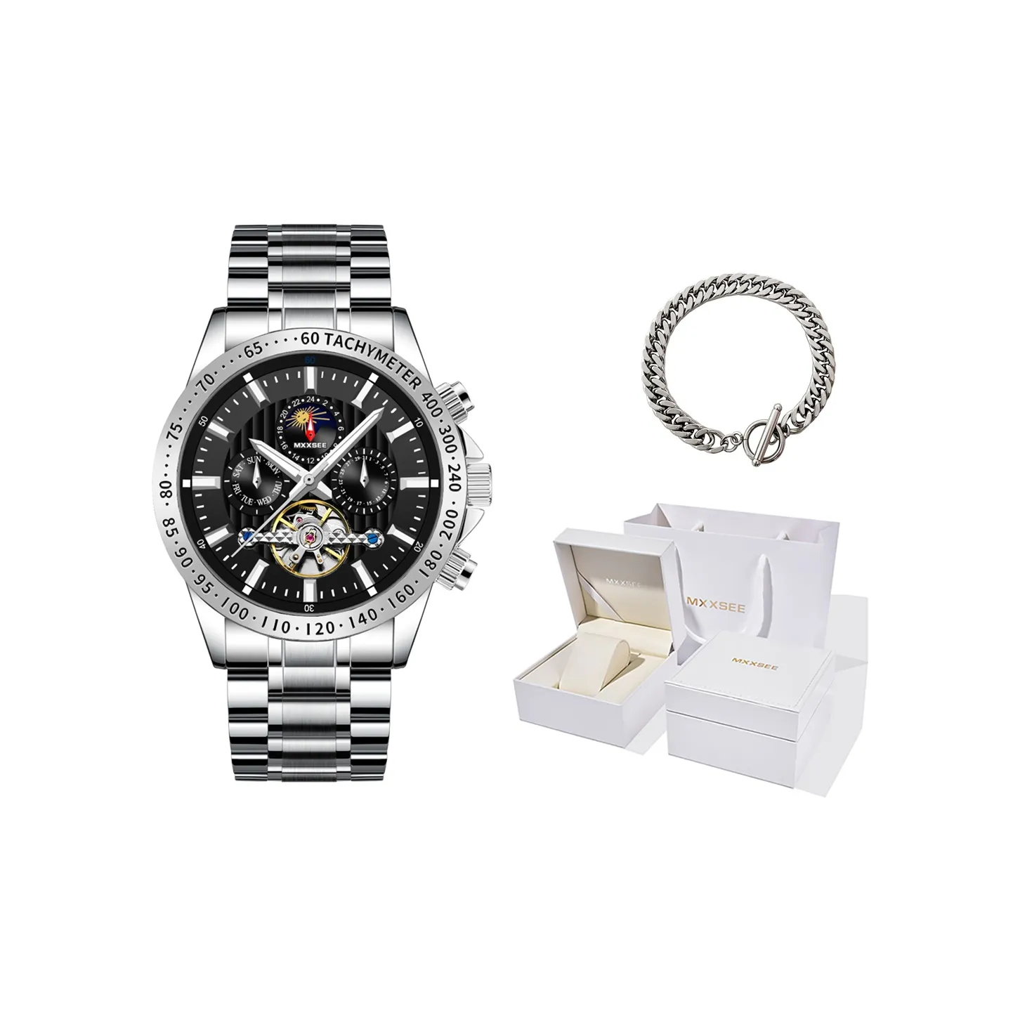 MXXSEE Box Greeting Card Writing Service Mechanical Movement Steel Strap Watch Men's Watches White Dial