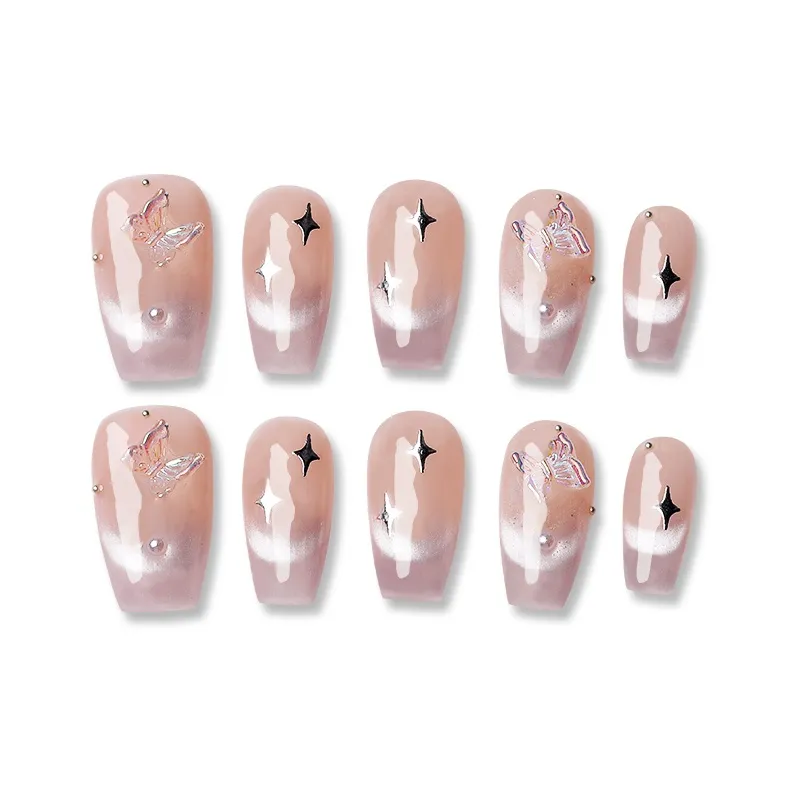 QUIET MOON Midsummer Night Ледяной Прозрачный Телесный 3D-Эффект Handcrafted False Nail Короткий LADDER Кошачий Глаз 10 шт 1 Комплект 14 мм