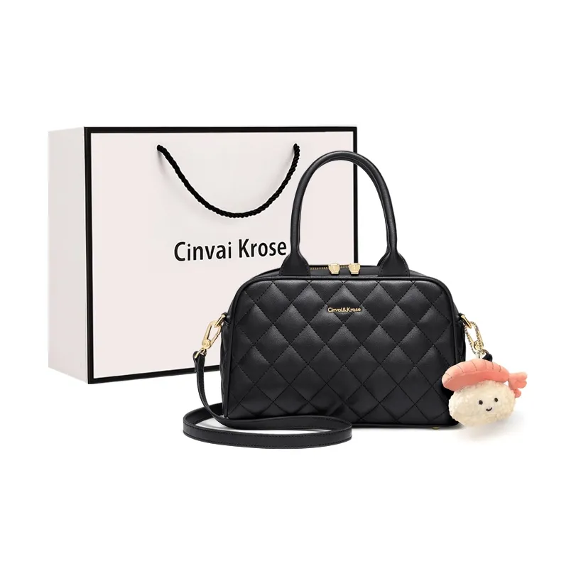 CinvaiKrose Корова Кожа с Синтетической Кожей Бостон Сумка для Боулинга Сумка на Одно Плечо Средняя Женская Черный Экрю