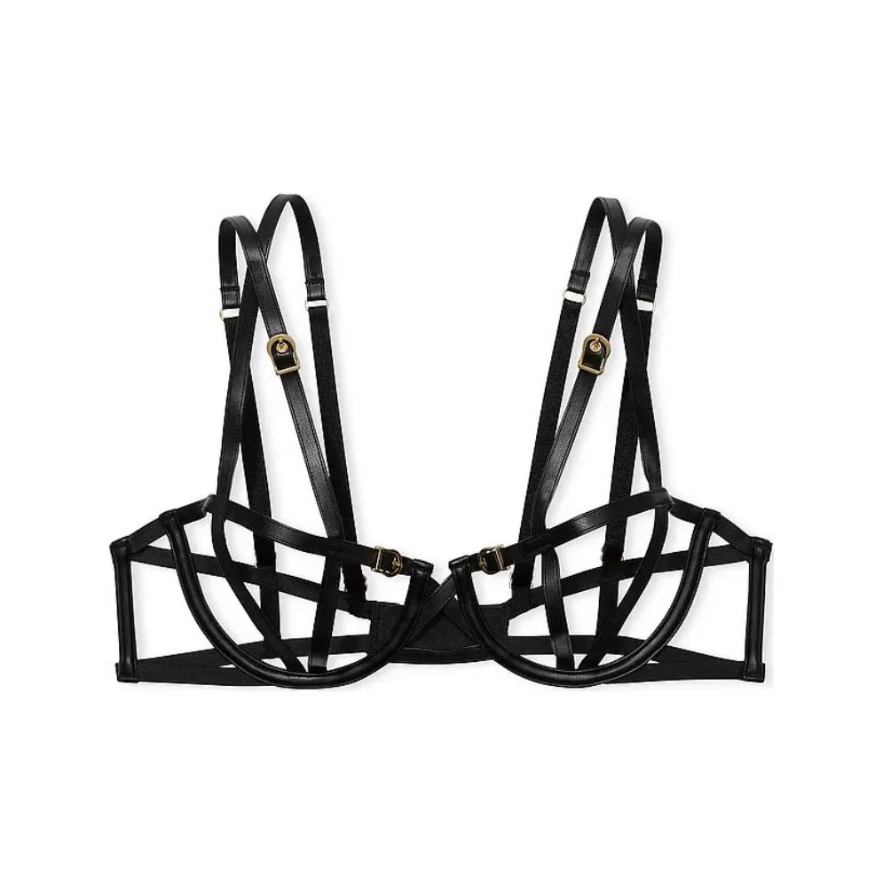 Victoria's Secret Very Sexy Faux Leather Open Cup Balconette Bra / Black Bra Women's Black