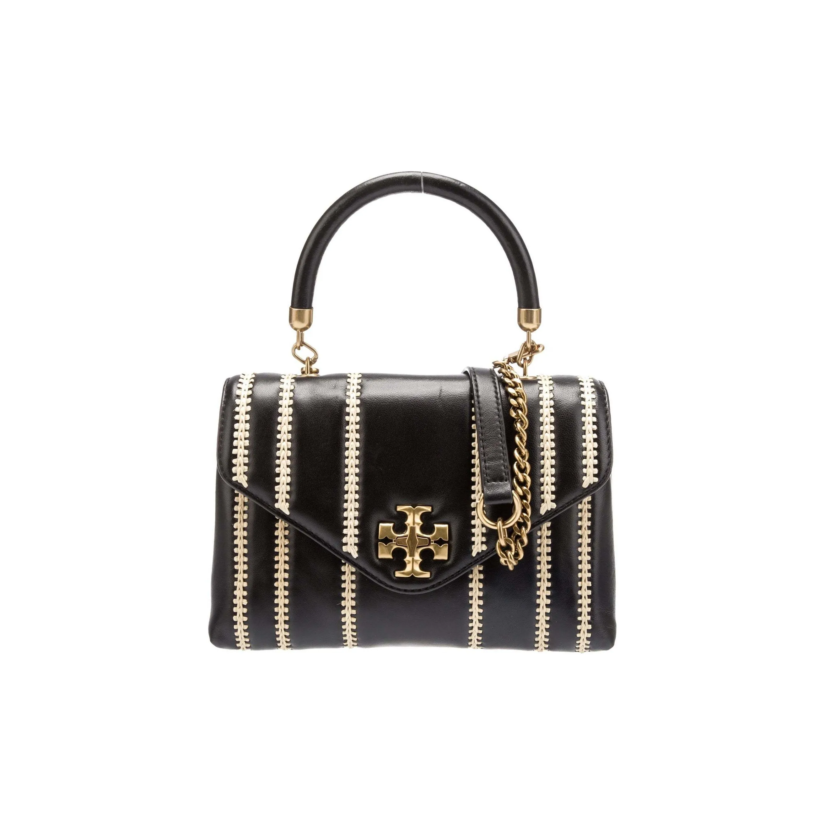 TORY BURCH Kira Leather And Raffia Trim Crossbody Handbags Small Size Women's Black/Natural Beige