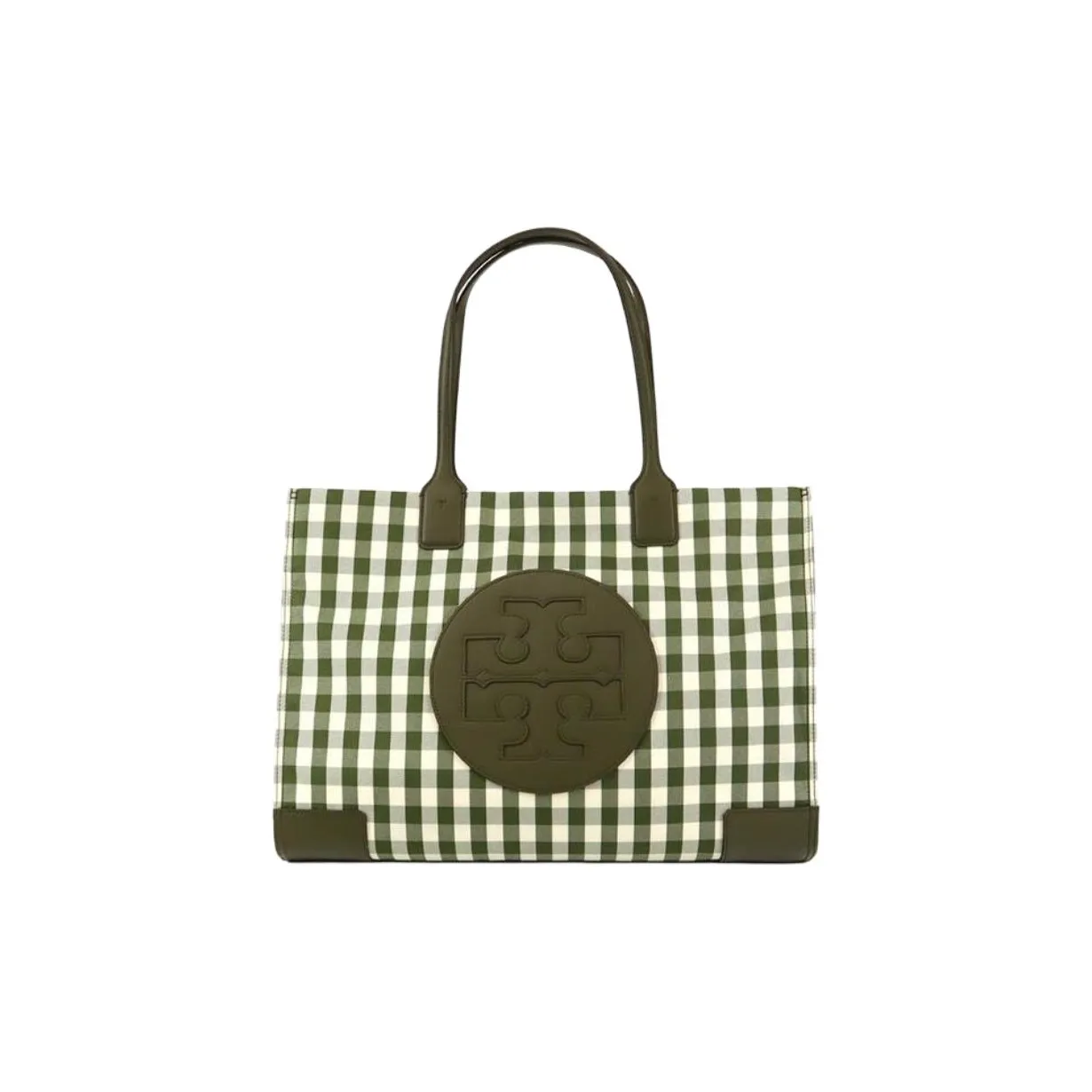 TORY BURCH Ella Canvas With Leather Tote Bag Shopping Bag One Shoulder Portable Large Size Women's Olive Green & White