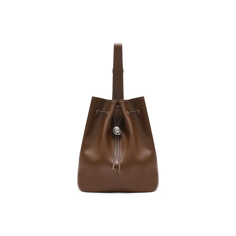 MUVA Cowhide Split Leather Crossbody Bag Shoulder Bag Bucket Bag Large Size Women's Smoky Tea Brown/Twilight Black
