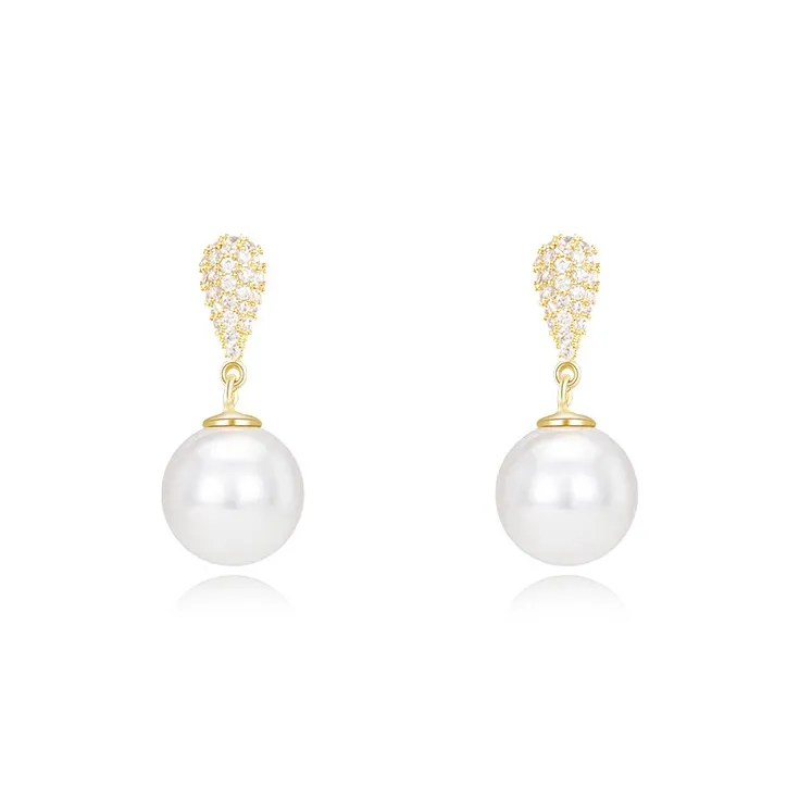 Rhymes Zircon Drop Pearl Gold Plated Copper Clip On Earrings Women's