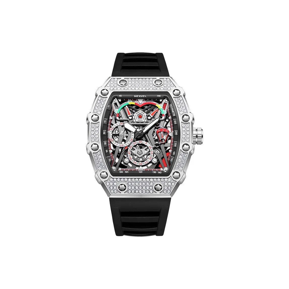 MEXVEL Модный Ромб Инкрустированный Кварцевые Мужские Наручные Часы Силиконовый Ремешок Часы с Черепным Циферблатом