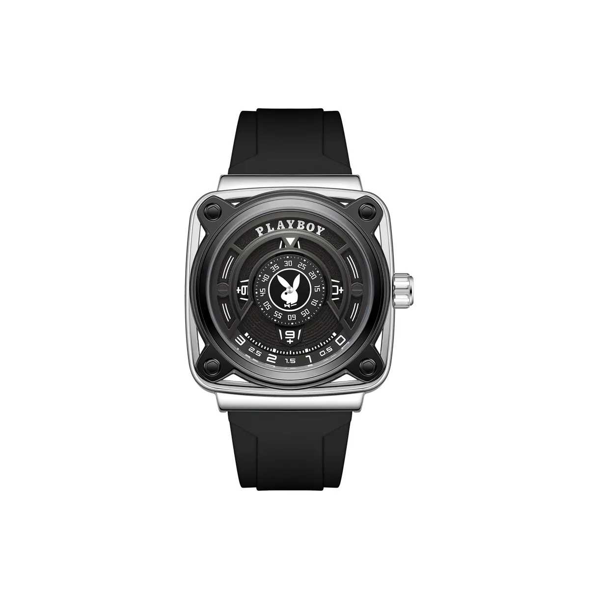 Playboy Дизайн Коробка с Круглый Внутренняя одежда And Квадрат Внешняя сторона Кварцевый механизм Силиконовый ремешок Часы Мужские часы Черный циферблат