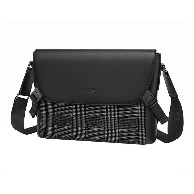 POLO Cow Leather Shoulder Bag Regular Men's Black & Gray Glen Plaid