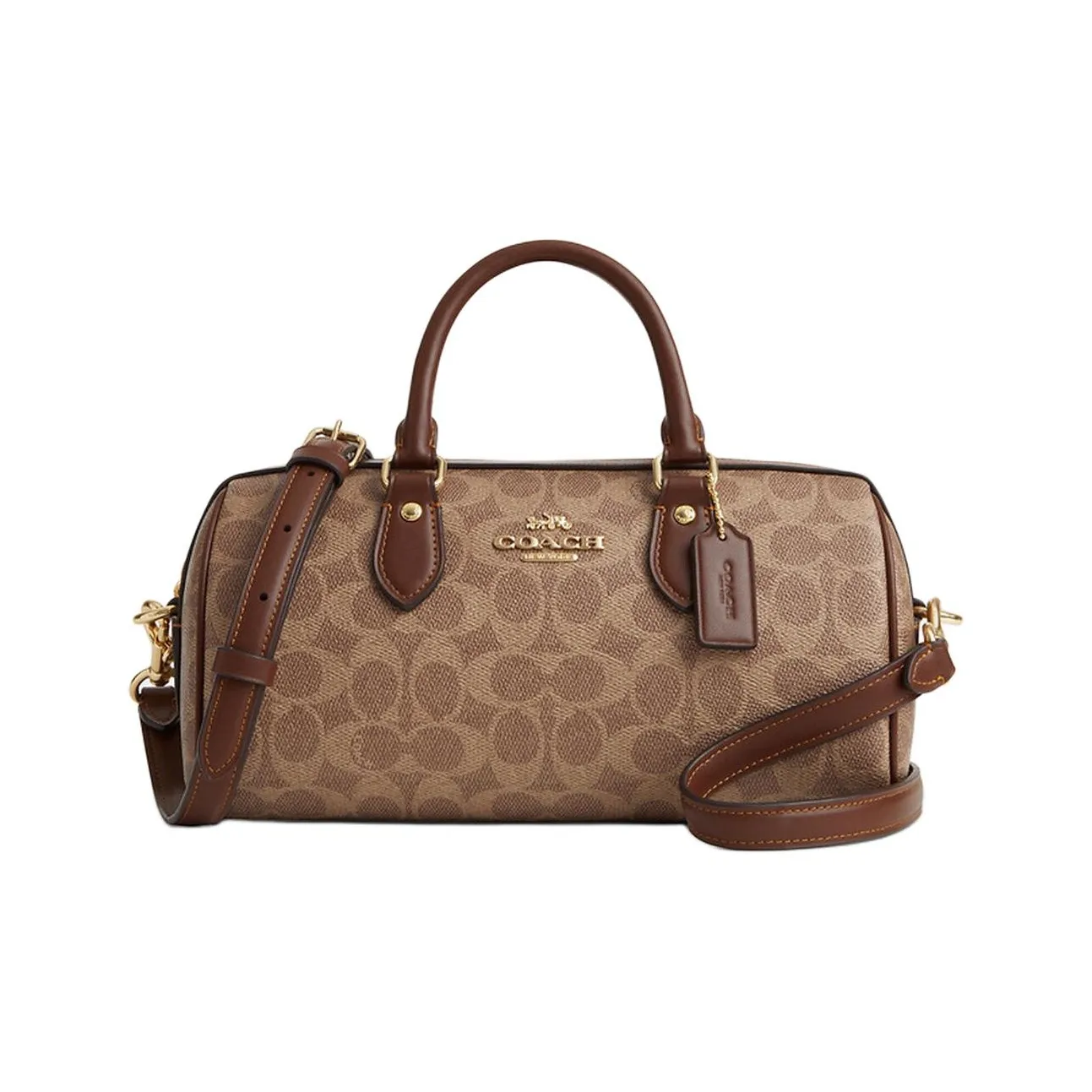 COACH Rowan Coated Canvas Boston Bag, Crossbody, One Shoulder, Handbag Medium Women's Tan & Brown