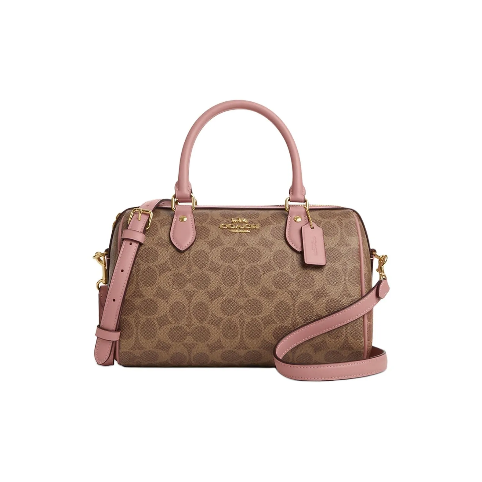 COACH Coated Canvas Shoulder Bag, Crossbody Bag, Handbag Women's Tan & Pink