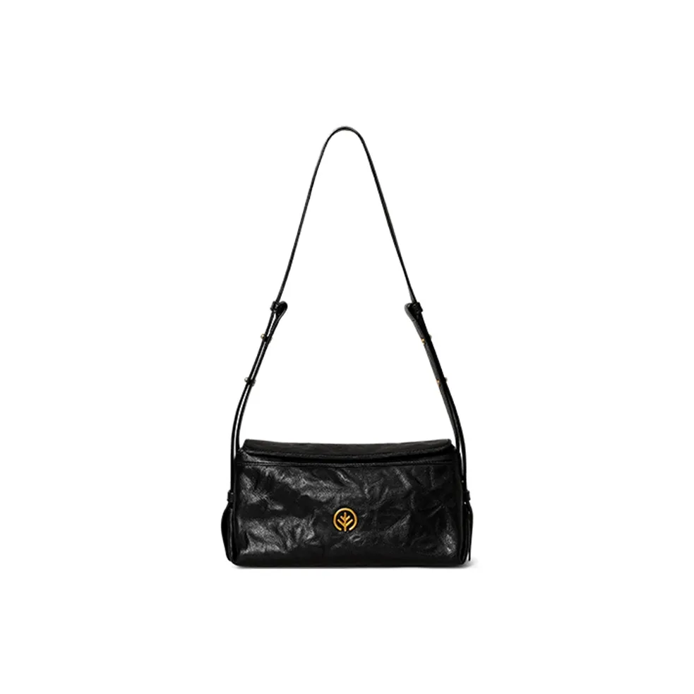 BAGTREE Top Grain Vegetable Tanned Cow Leather Tote Fall Winter Pillow Shoulder Bag Unisex Ebony Black