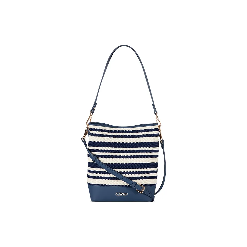 JC DAMO Fabric Crossbody Bucket Bag, Shoulder Bag Women's Blue Bean Milk Stripes/Red Black Blue Stripes