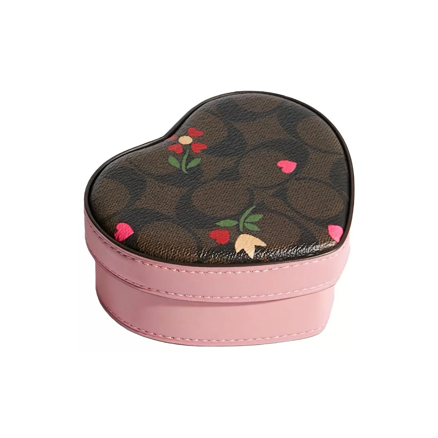 COACH Heart Canvas With Leather Heart Box Makeup Bag Trumpets Women's Brown/Pink Multicolor