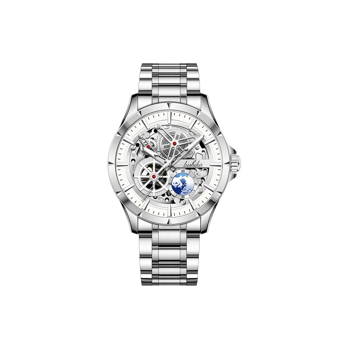 Lushika Navigator Collection Mechanical Movement Stainless Steel Watchband Watch Men's Watches Silver Dial