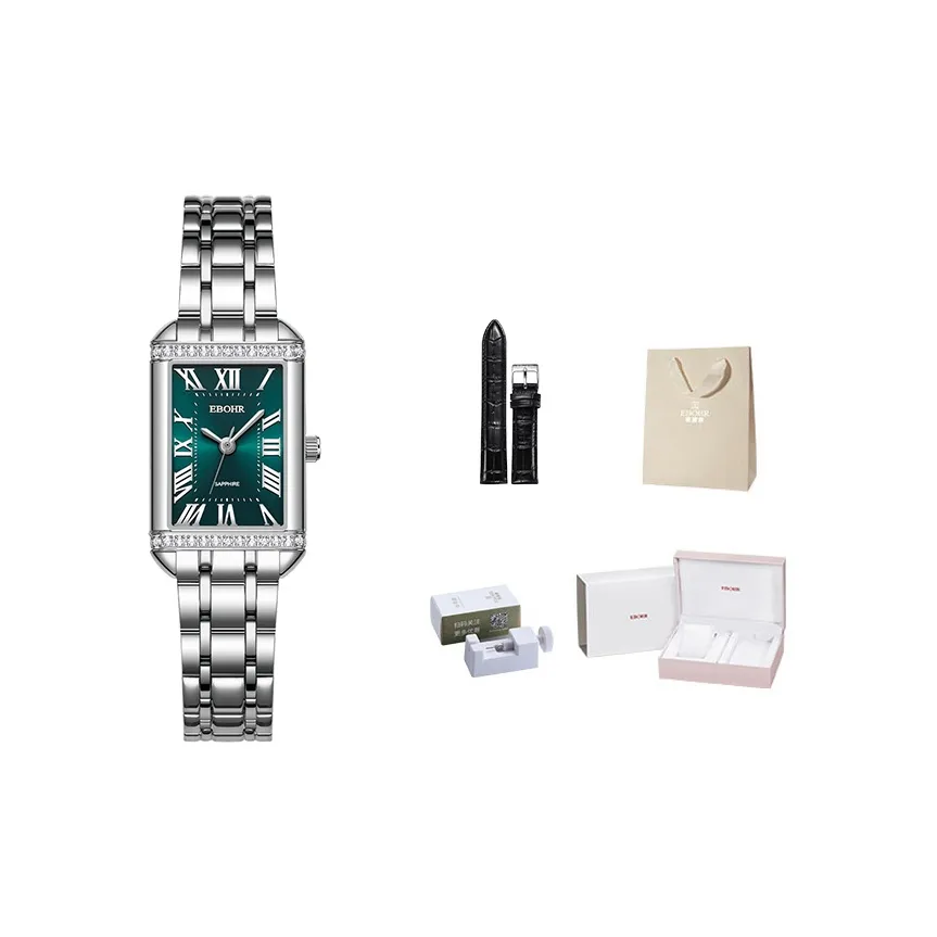 EBOHR Cana Collection Luxury Small Square Watch Кварцевый механизм Ремешок из нержавеющей стали Часы для женщин Зеленый циферблат