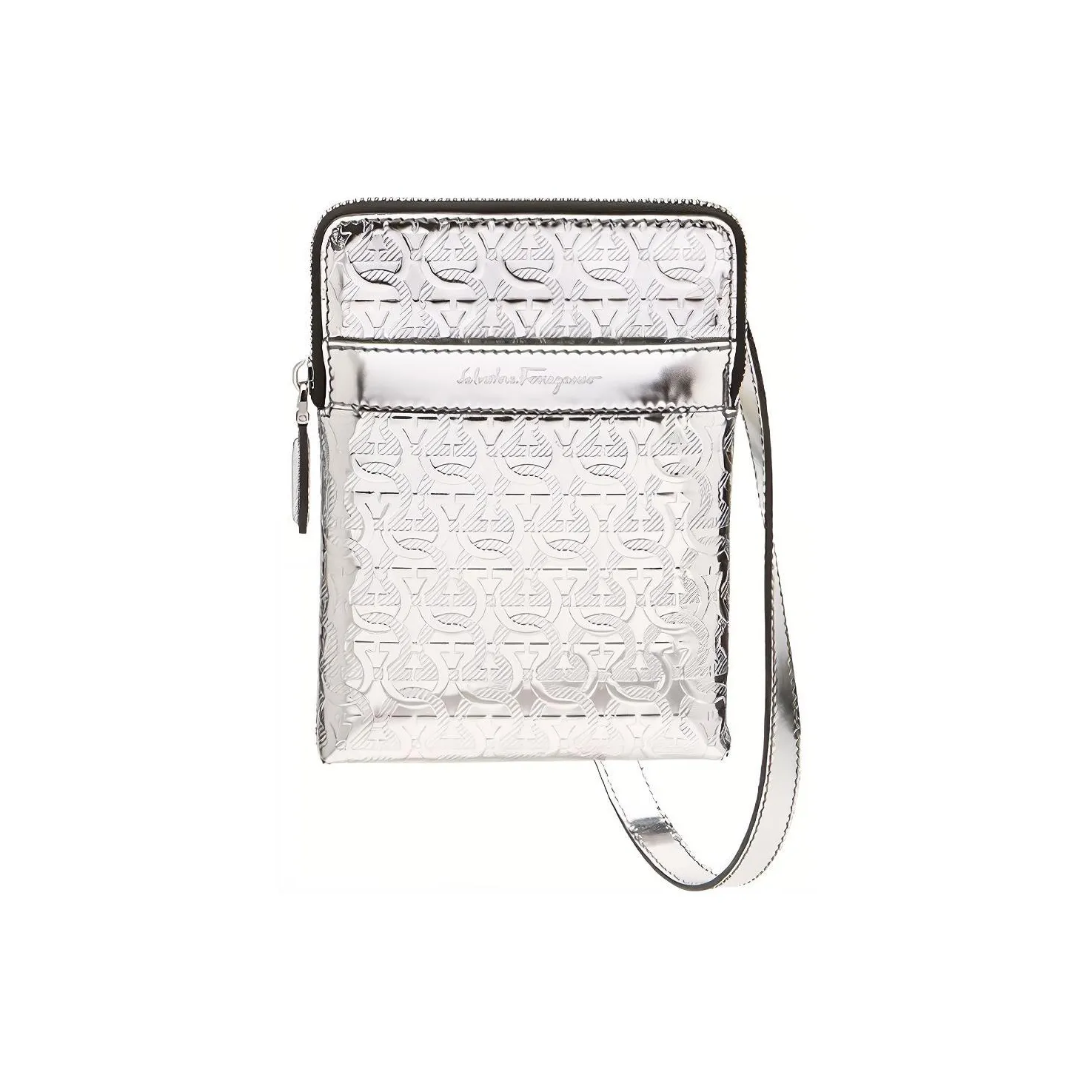 FERRAGAMO GANCINI Italian Cowhide Shoulder Bag Crossbody Bag Men's Silver
