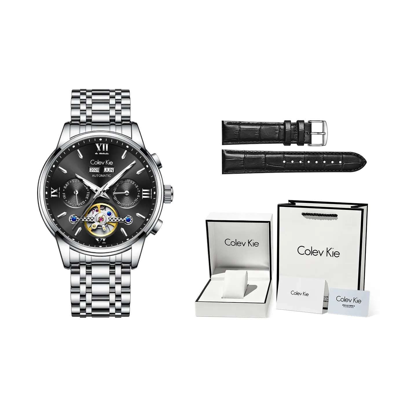 Colev Kie Automatic Mechanical Movement Stainless Steel Watchband Men's Watches Black Dial