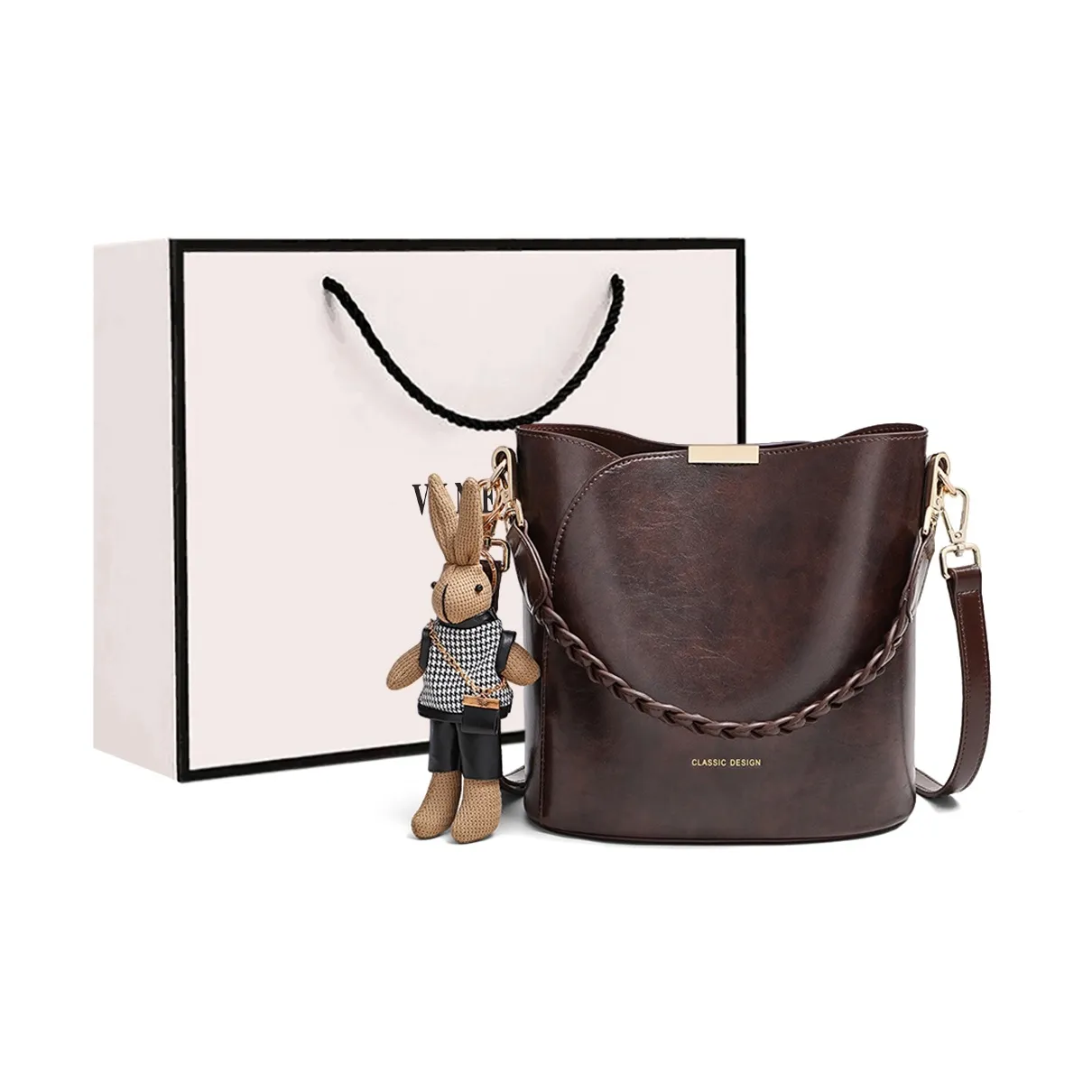 VINEY Cow Leather Shoulder Bag Crossbody Bag Bucket Bag Handbag Regular Women's Coffee/Black