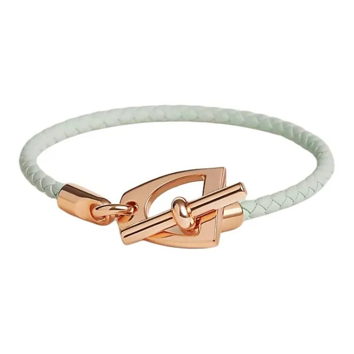 HERMES Calfskin, Metal, Rose Gold Plated Bracelets Unisex Mint Green
