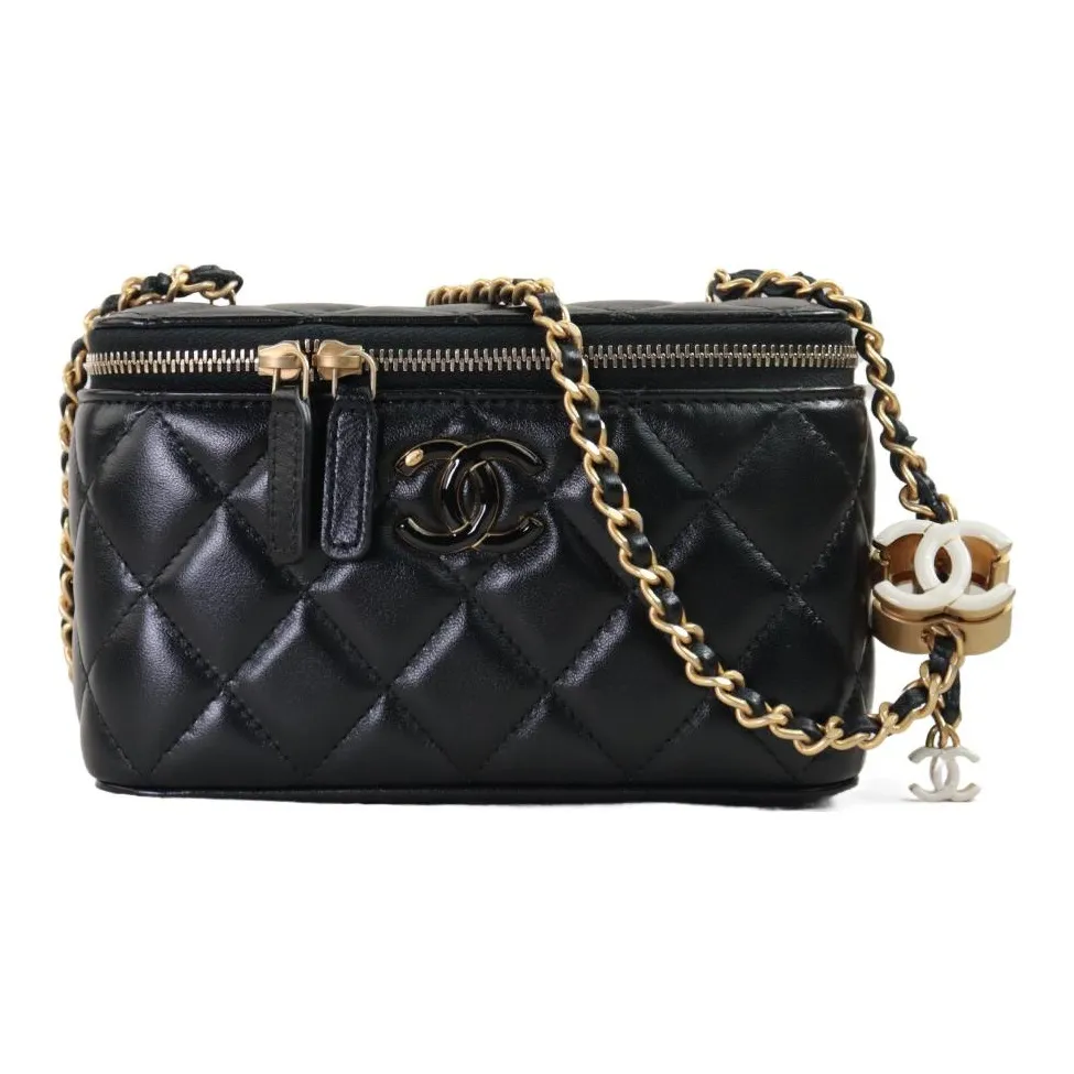 CHANEL Bright Lambskin Makeup Bag Women's Black