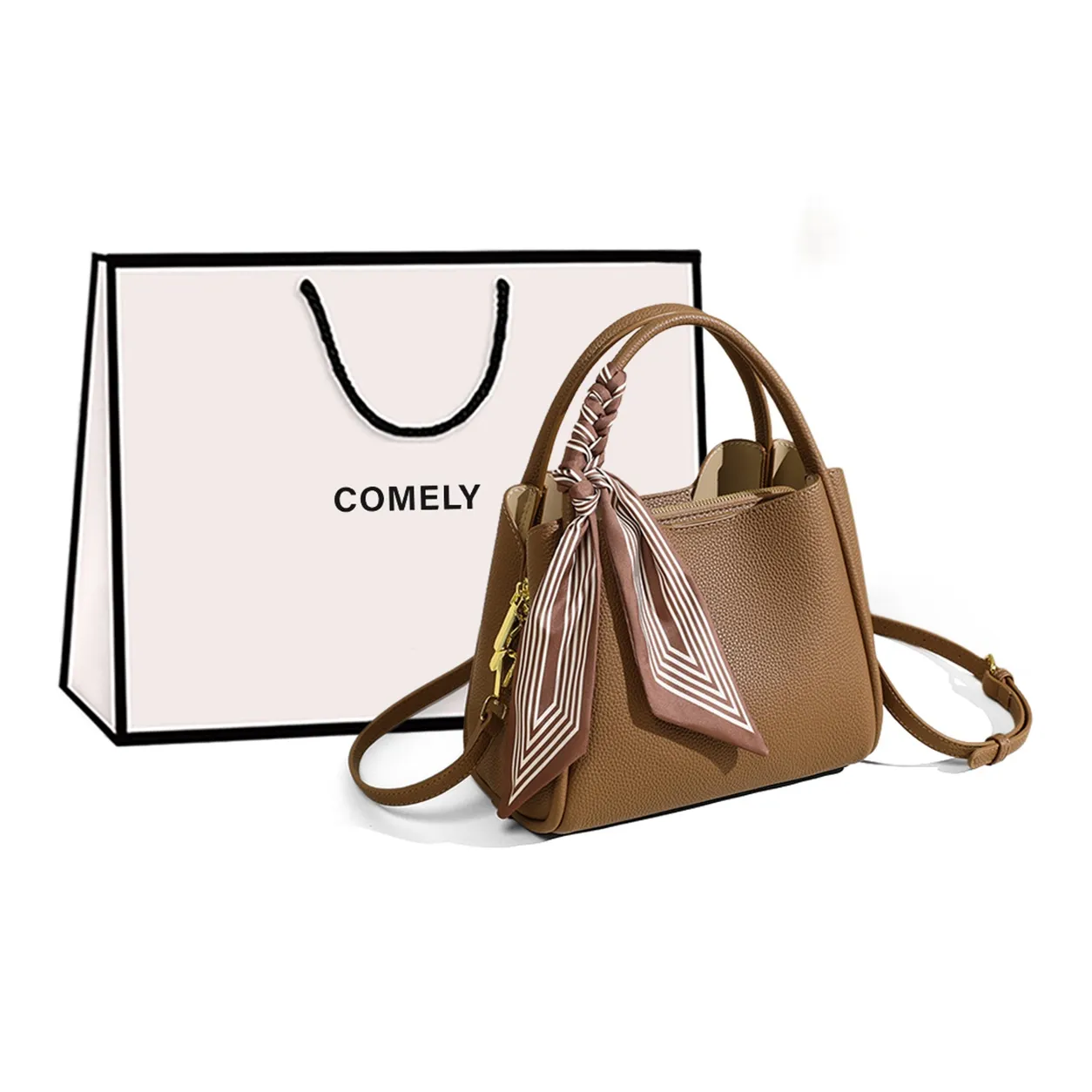COMELY Cow Leather Patchwork Synthetic Leather Bucket Bags Handbags Regular Women's Brown